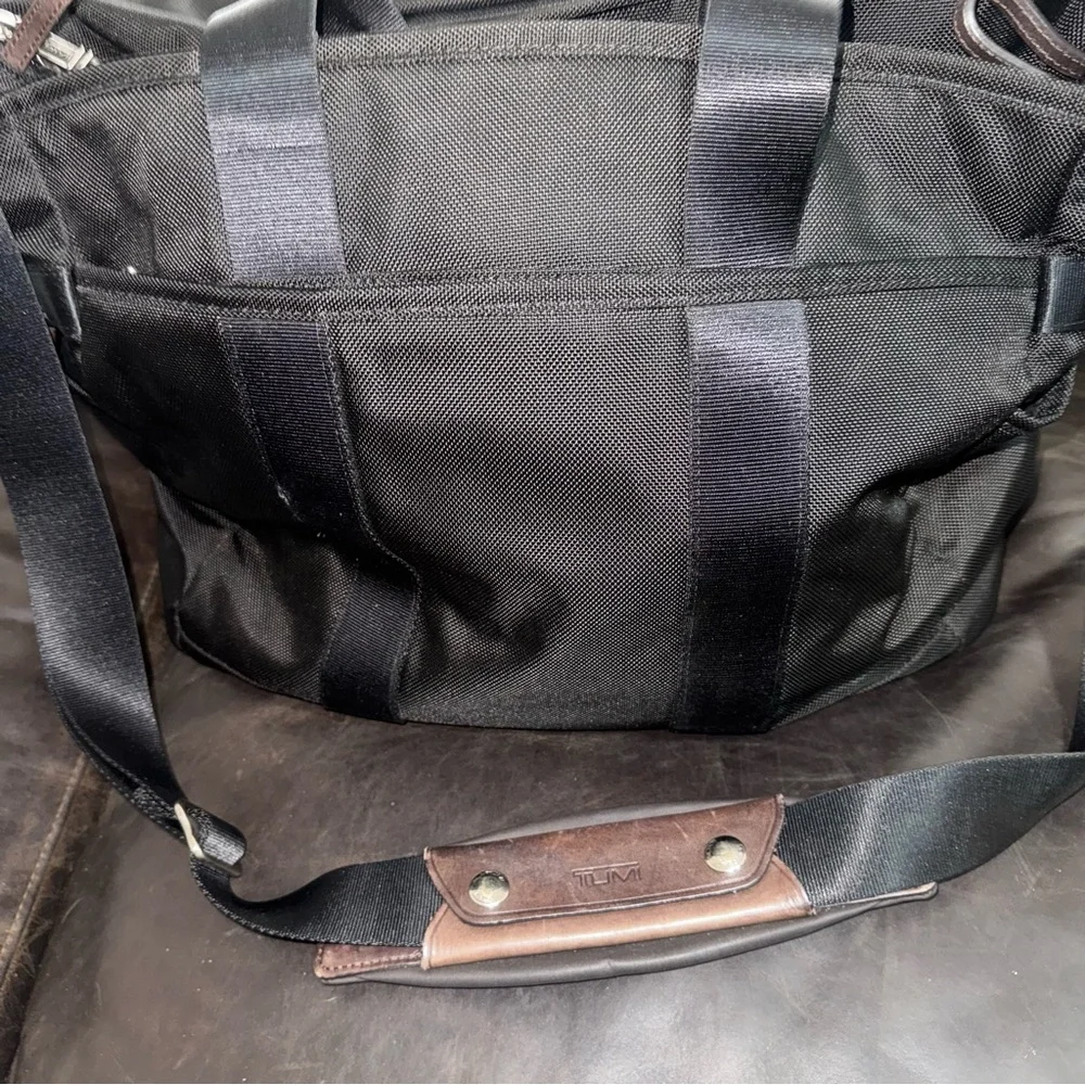 Tumi Black Nylon Travel Briefcase Tote with Leather Trim